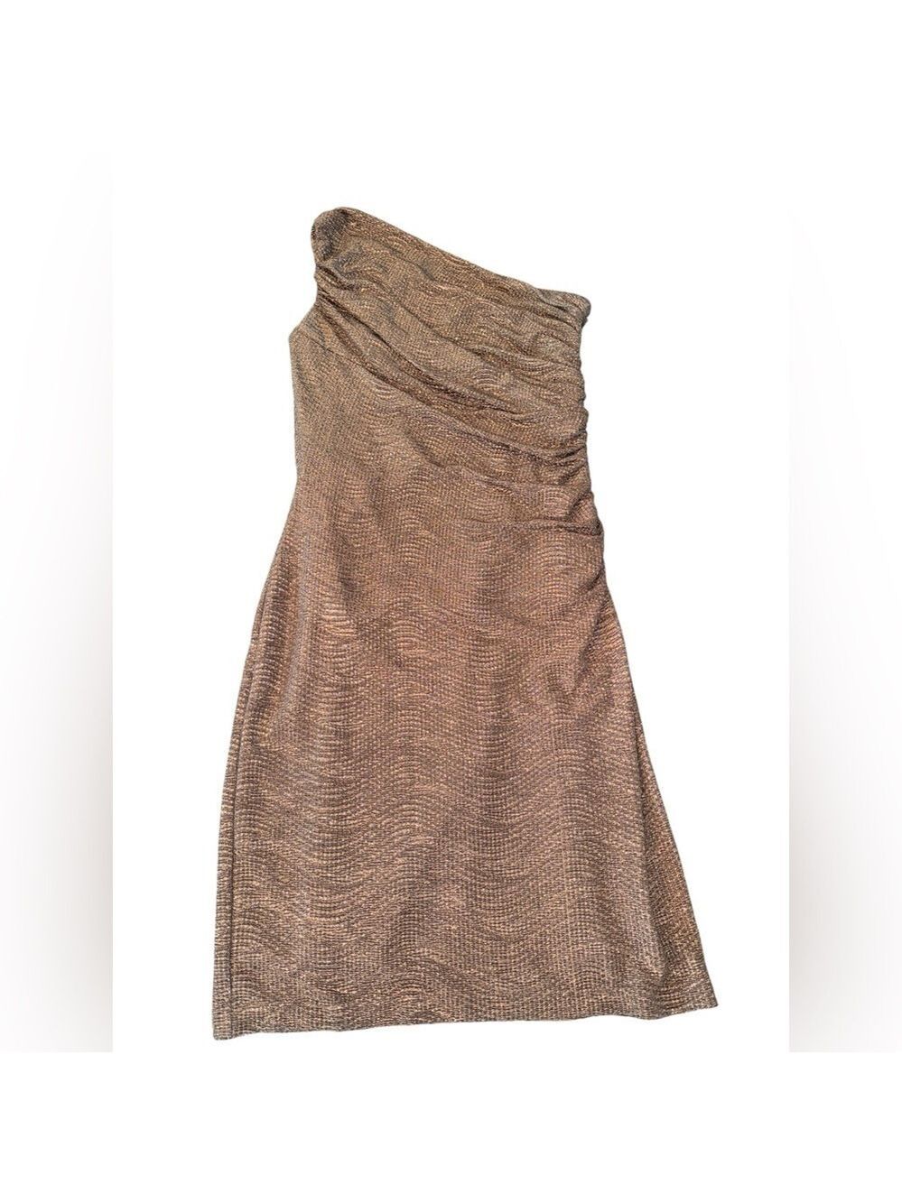 Lauren Ralph Lauren Metallic Bronze One Shoulder Dress Size 12 Ruched Cocktail - Picture 4 of 8